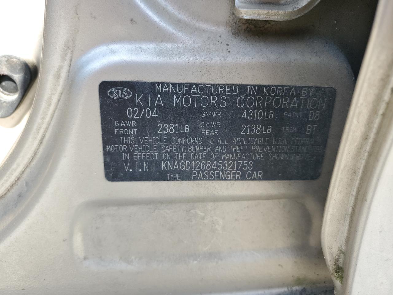 2004 Kia Optima Lx VIN: KNAGD126845321753 Lot: 53864095