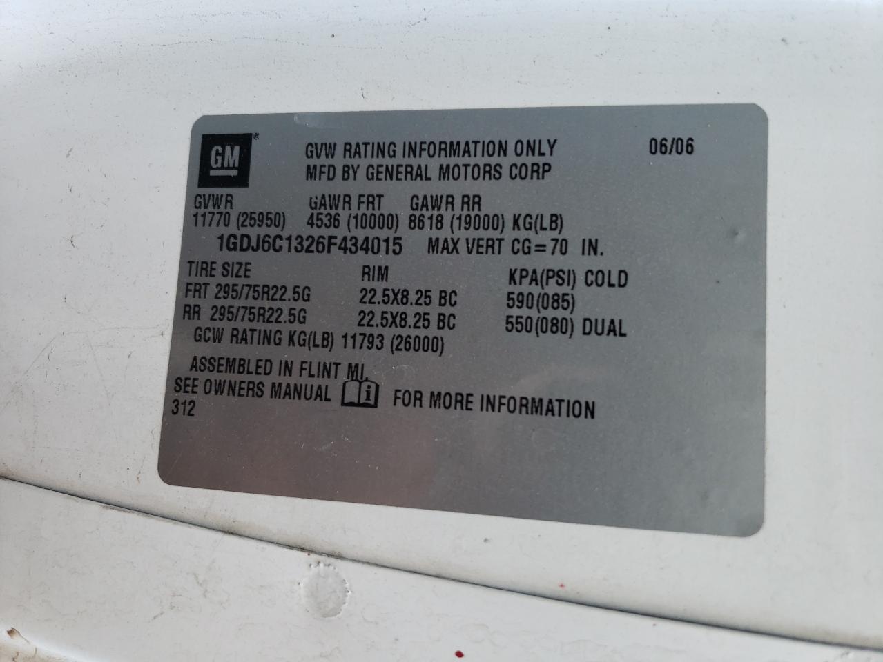 2006 GMC C6500 C6C0 VIN: 1GDJ6C1326D434015 Lot: 52608405