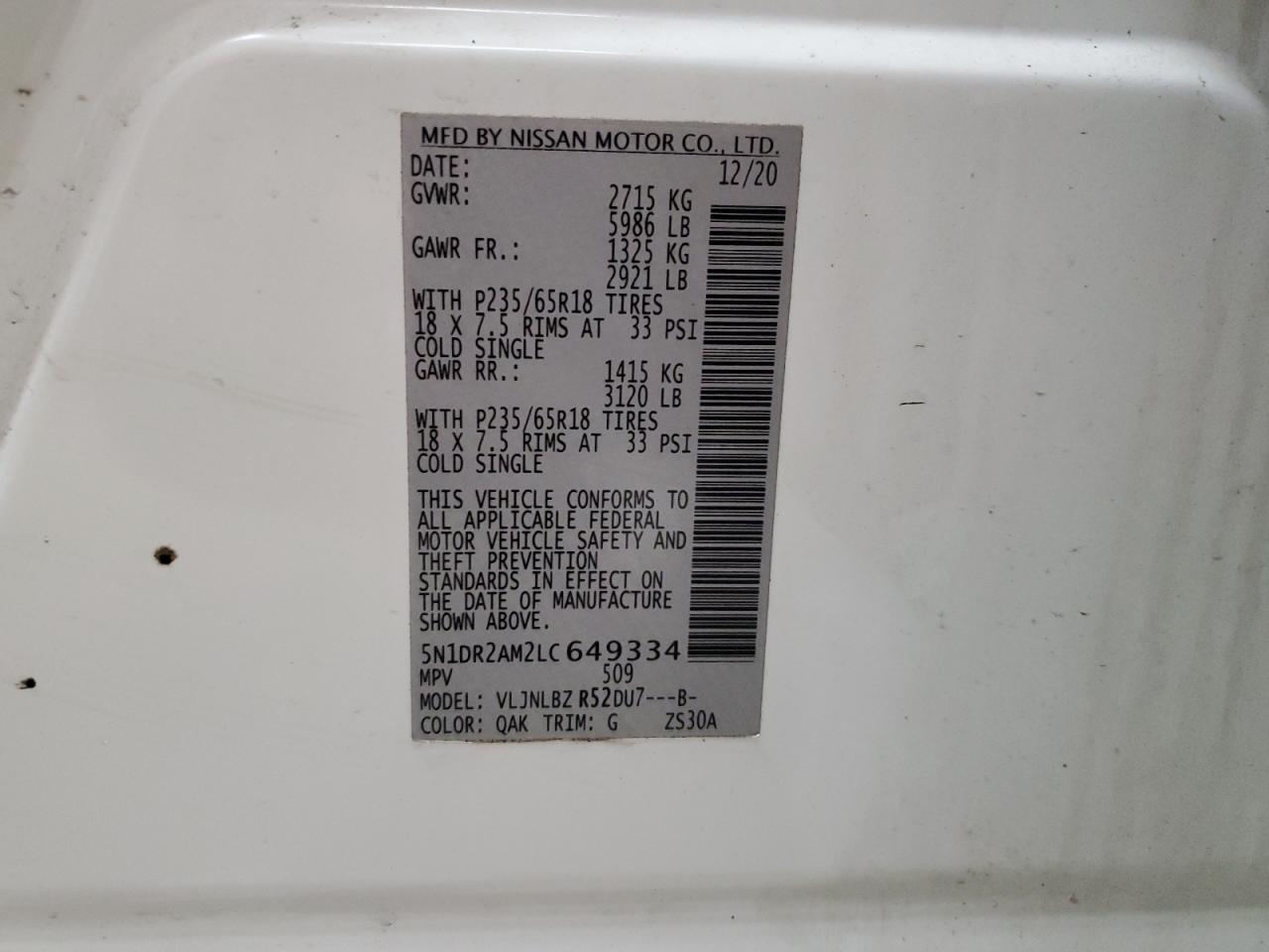 2020 Nissan Pathfinder S VIN: 5N1DR2AM2LC649334 Lot: 53488155