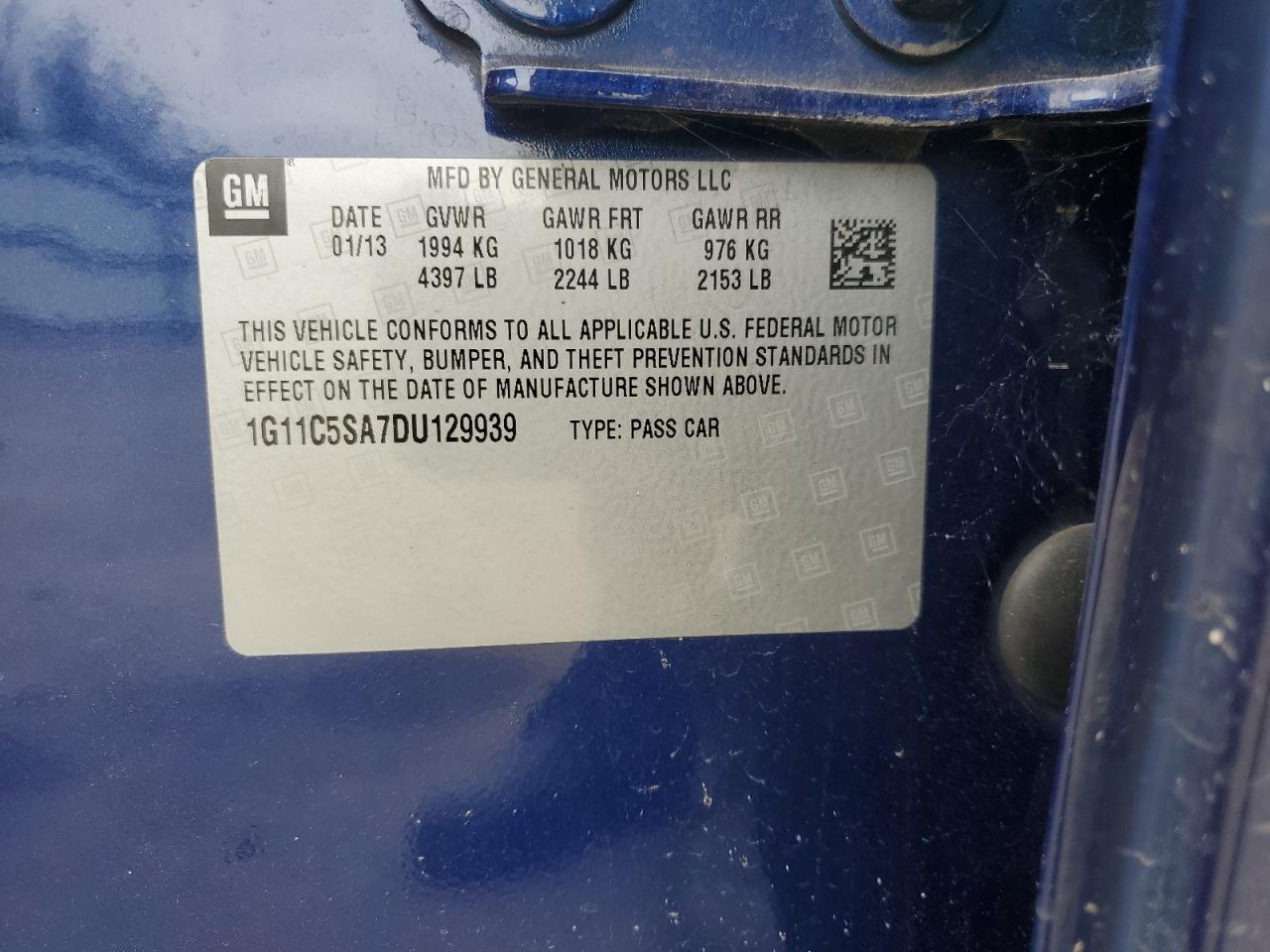 2013 Chevrolet Malibu 1Lt VIN: 1G11C5SA7DU129939 Lot: 54093895