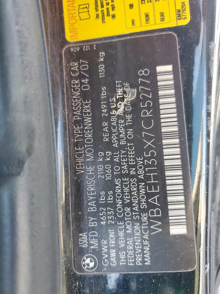 2007 BMW 650 I VIN: WBAEH135X7CR52778 Lot: 53251855