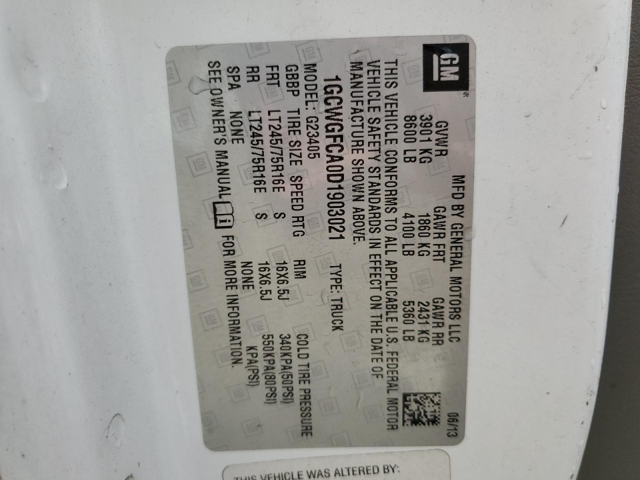 2013 Chevrolet Express G2500 VIN: 1GCWGFCA0D1903021 Lot: 54871605