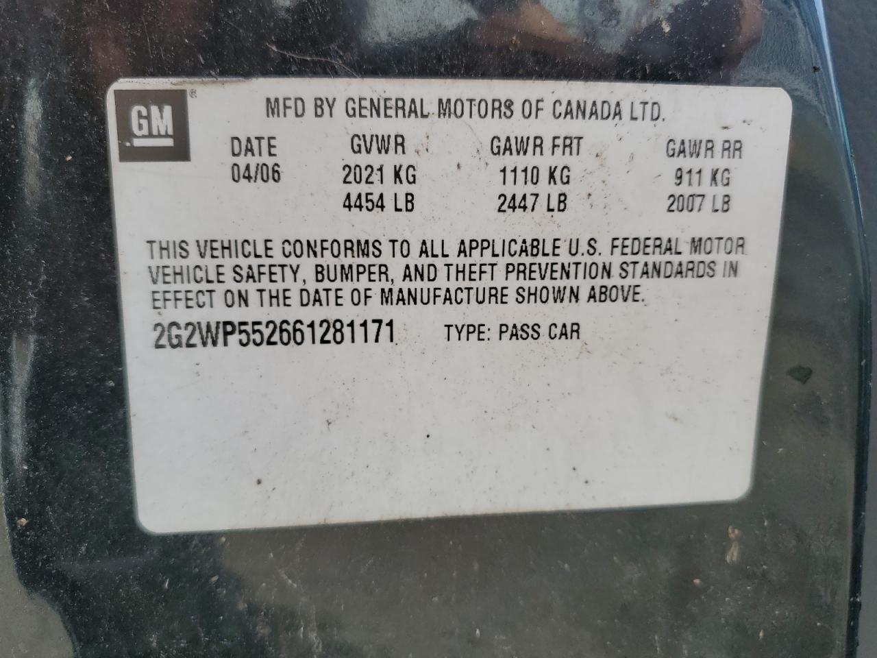 2006 Pontiac Grand Prix VIN: 2GWP552661281171 Lot: 51368515