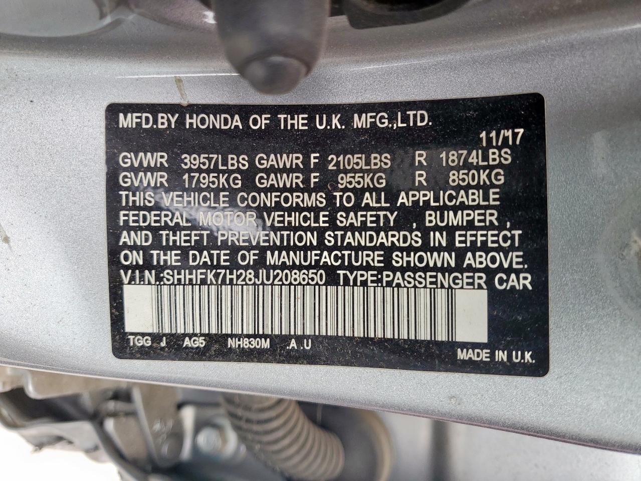 SHHFK7H28JU208650 HONDA CIVIC 2018