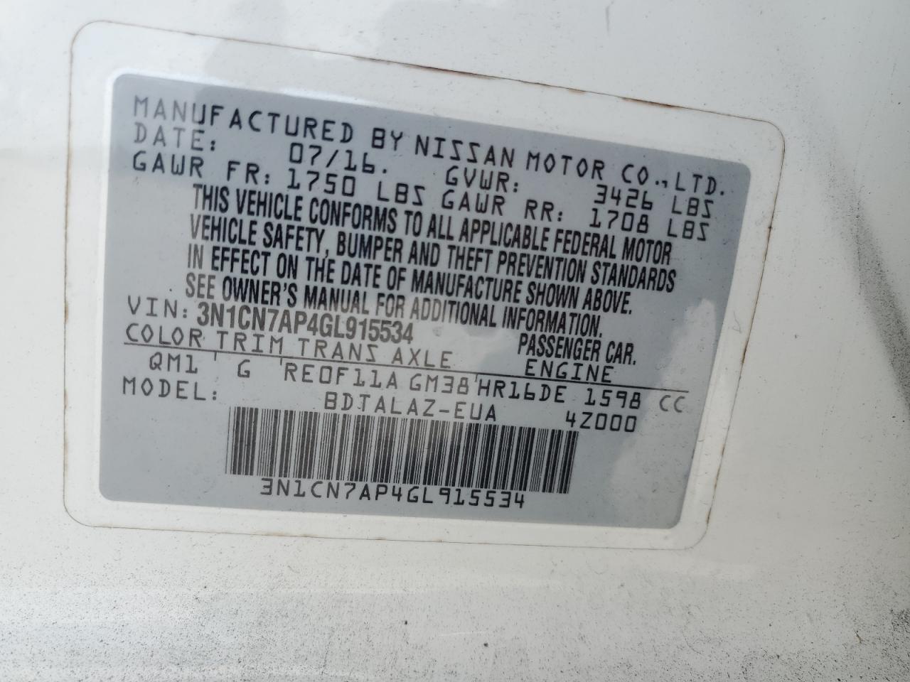 3N1CN7AP4GL915534 NISSAN VERSA 2016