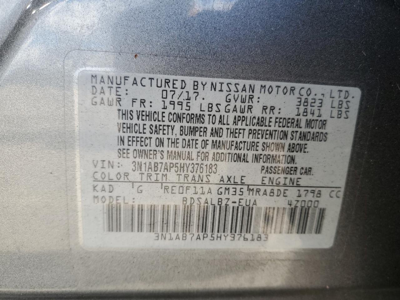 2017 Nissan Sentra S VIN: 3N1AB7AP5HY376183 Lot: 51592295