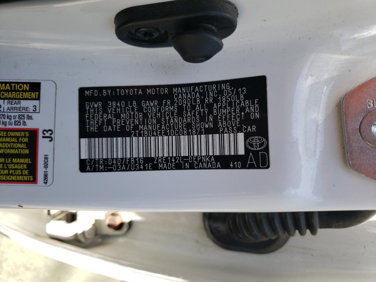 2013 Toyota Corolla Base VIN: 2T1BU4EE1DC081871 Lot: 54777995