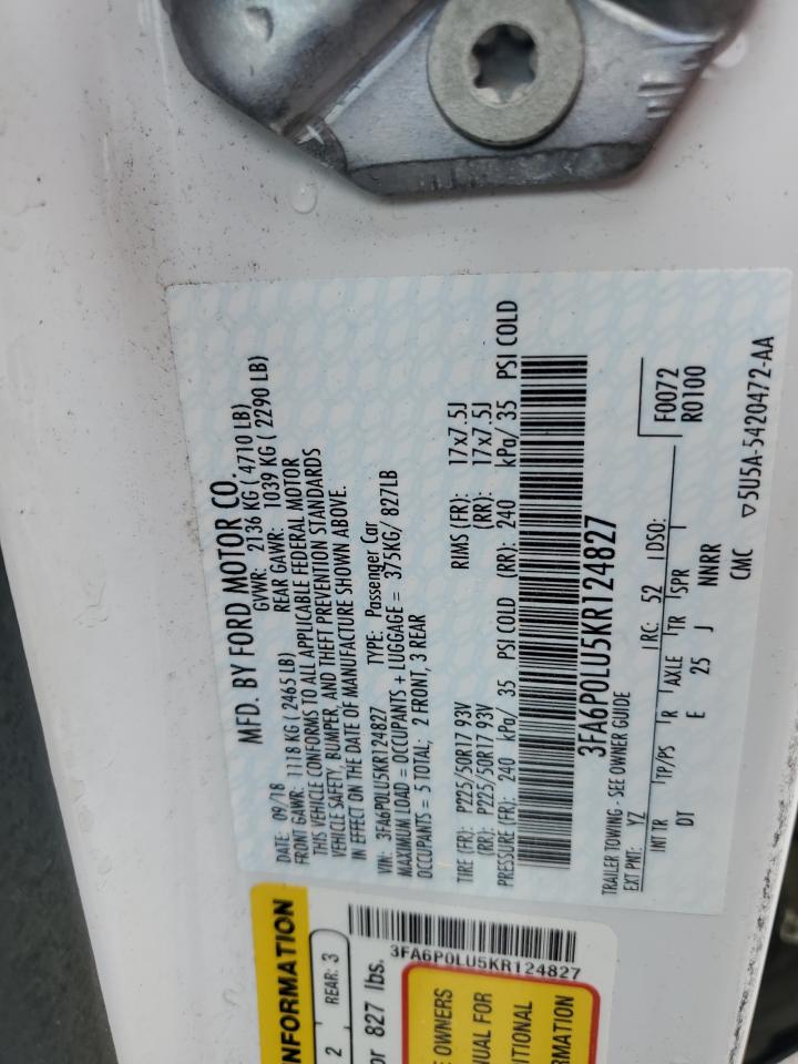 2019 Ford Fusion Se VIN: 3FA6P0LU5KR124827 Lot: 54033495