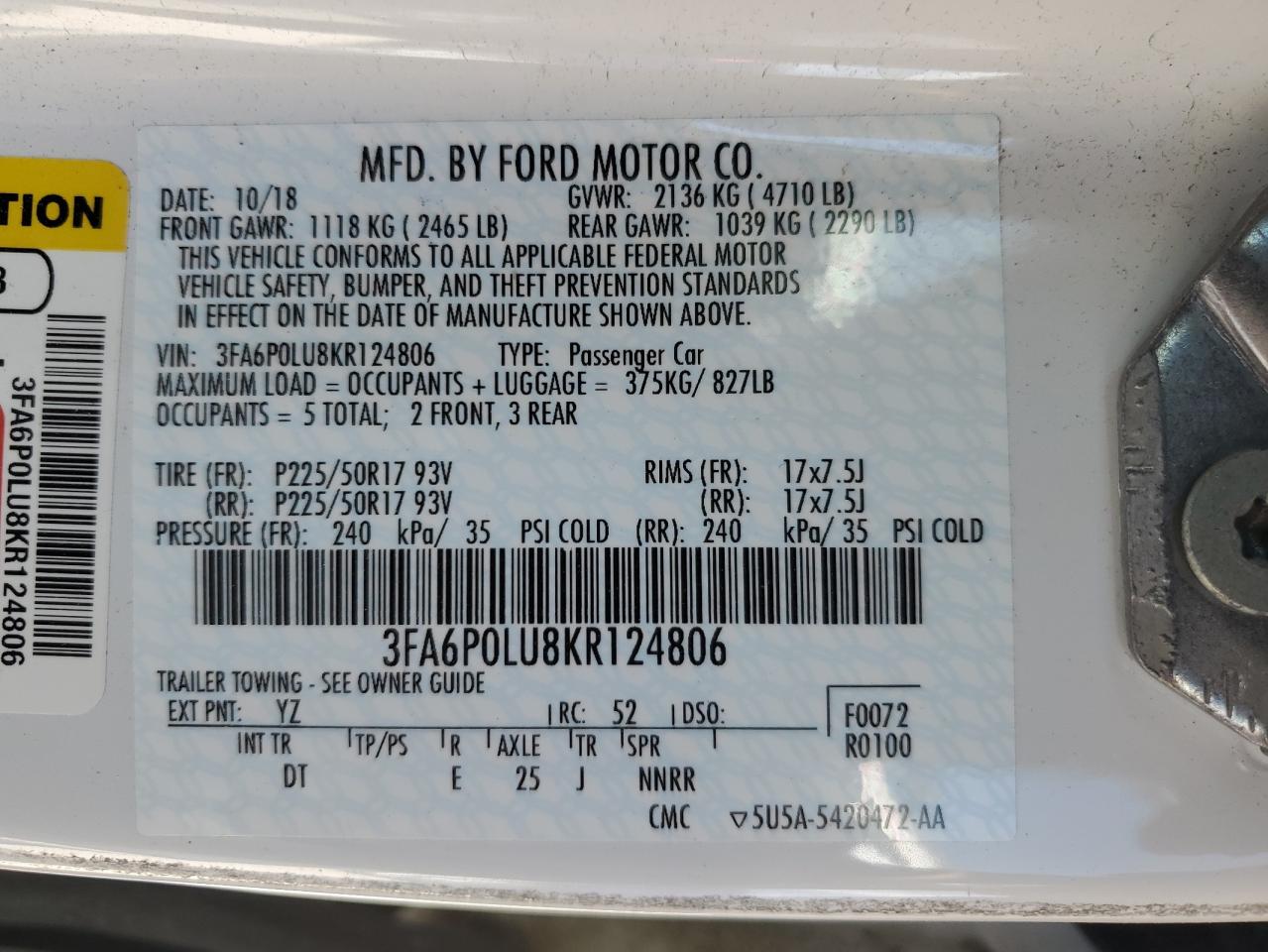 2019 Ford Fusion Se VIN: 3FA6P0LU8KR124806 Lot: 54032975