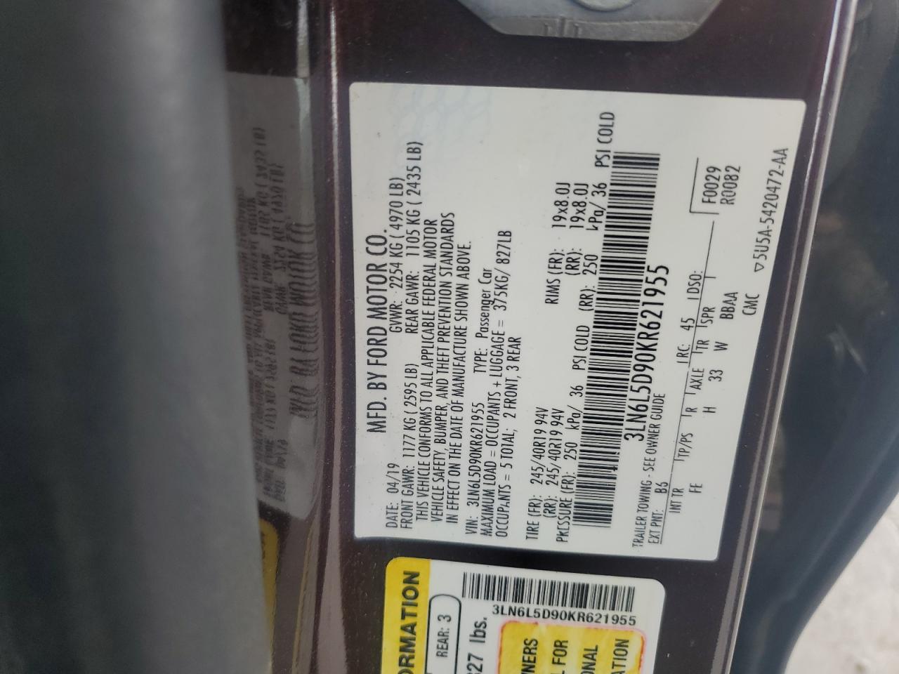 2019 Lincoln Mkz Reserve I VIN: 3LN6L5D90KR621955 Lot: 54236545