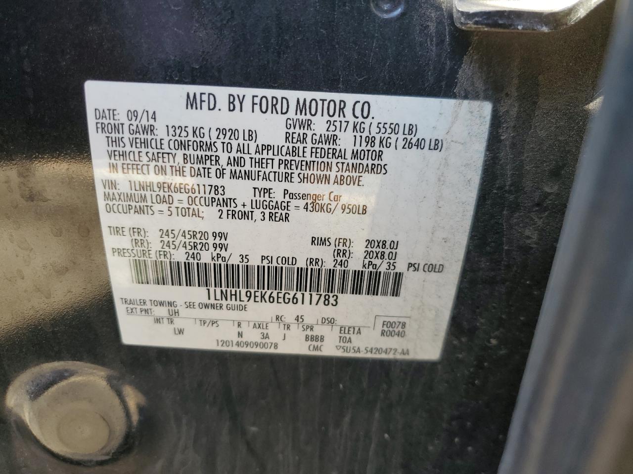 2014 Lincoln Mks VIN: 1LNHL9EK6EG611783 Lot: 53696185