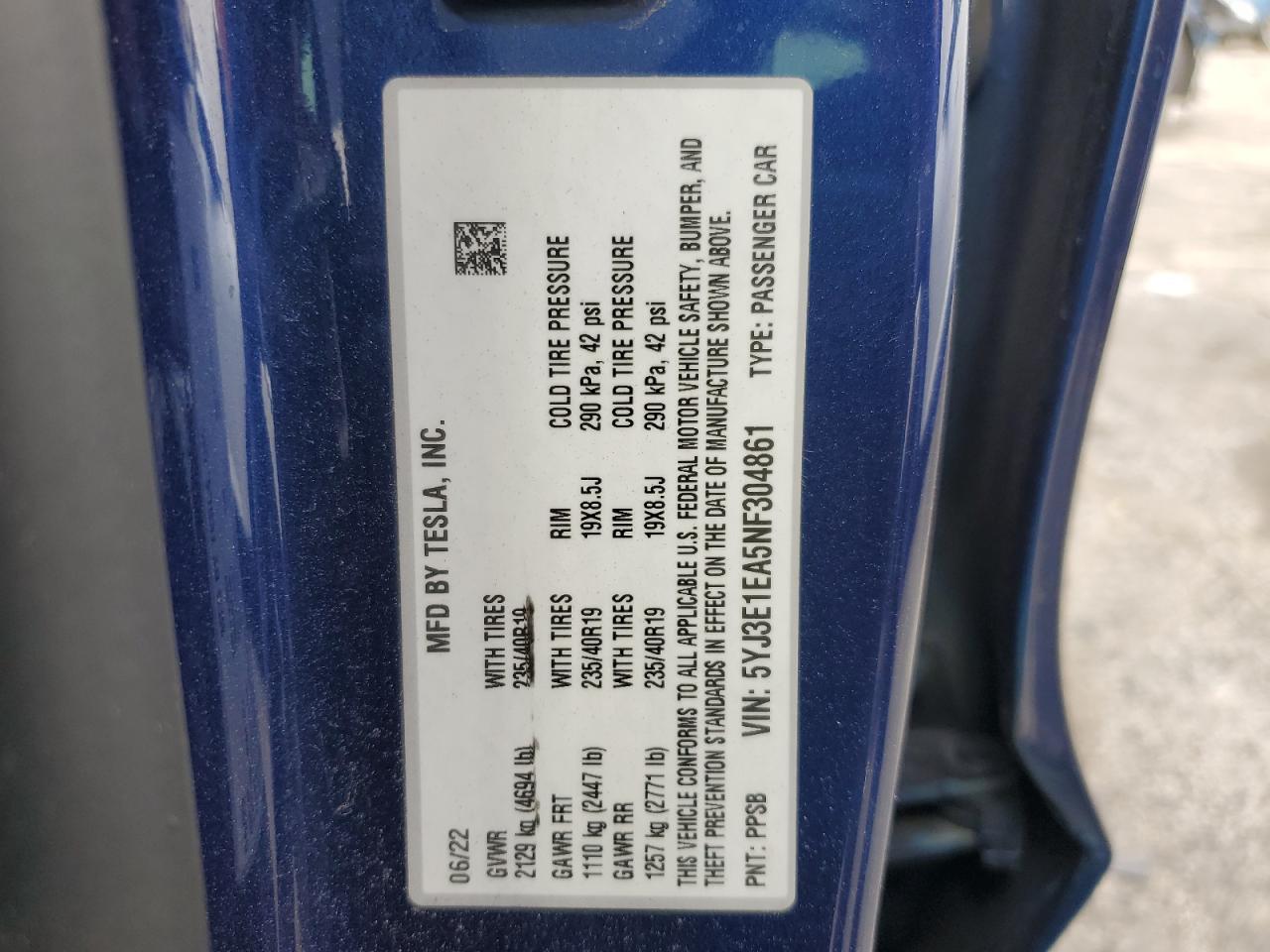2022 Tesla Model 3 VIN: 5YJ3E1EA5NF304861 Lot: 54424055