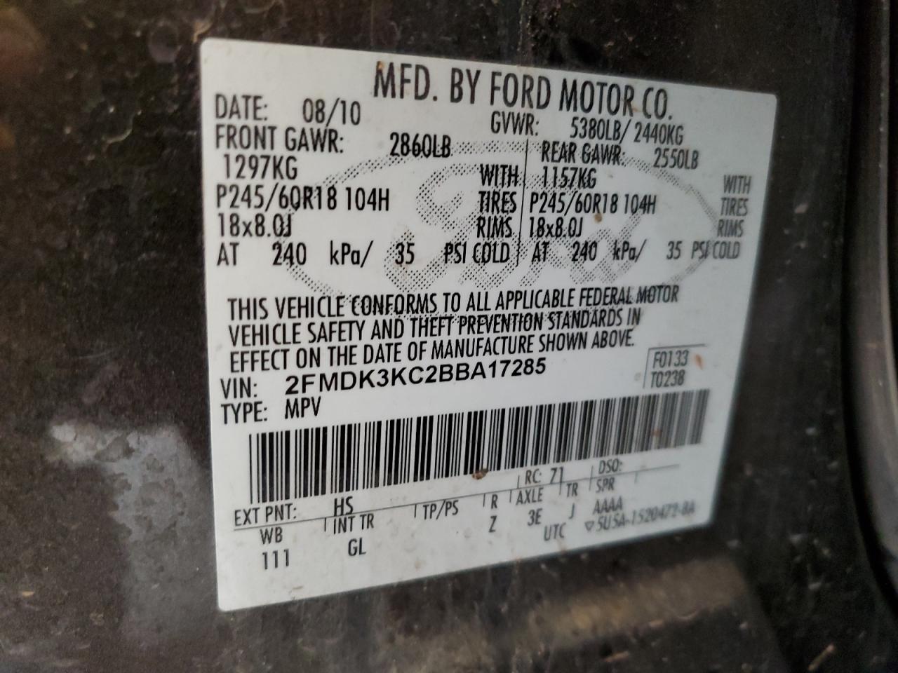 2011 Ford Edge Limited VIN: 2FMDK3KC2BBA17285 Lot: 53359955