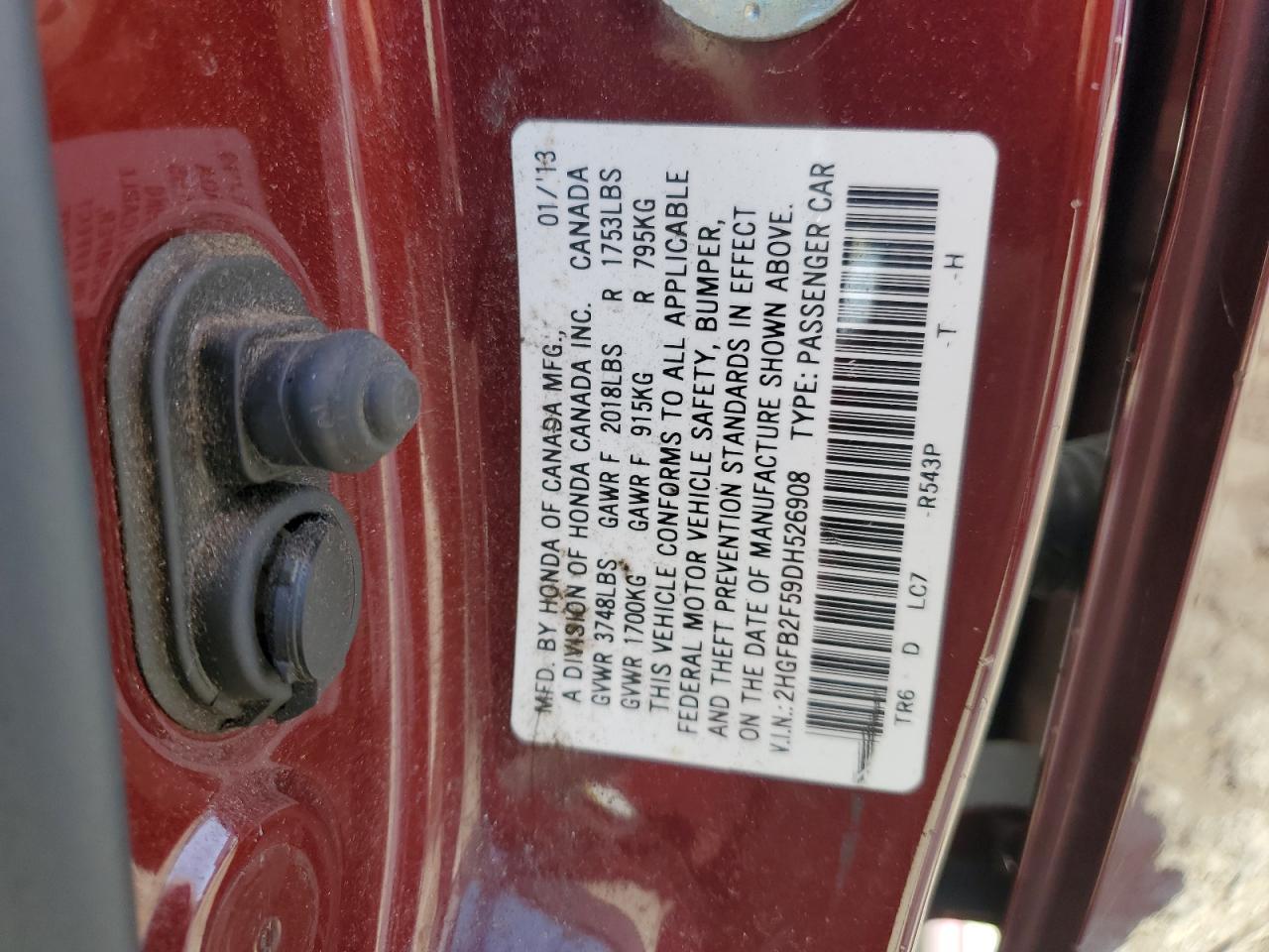 2013 Honda Civic Lx VIN: 2HGFB2F59DH526908 Lot: 51811575