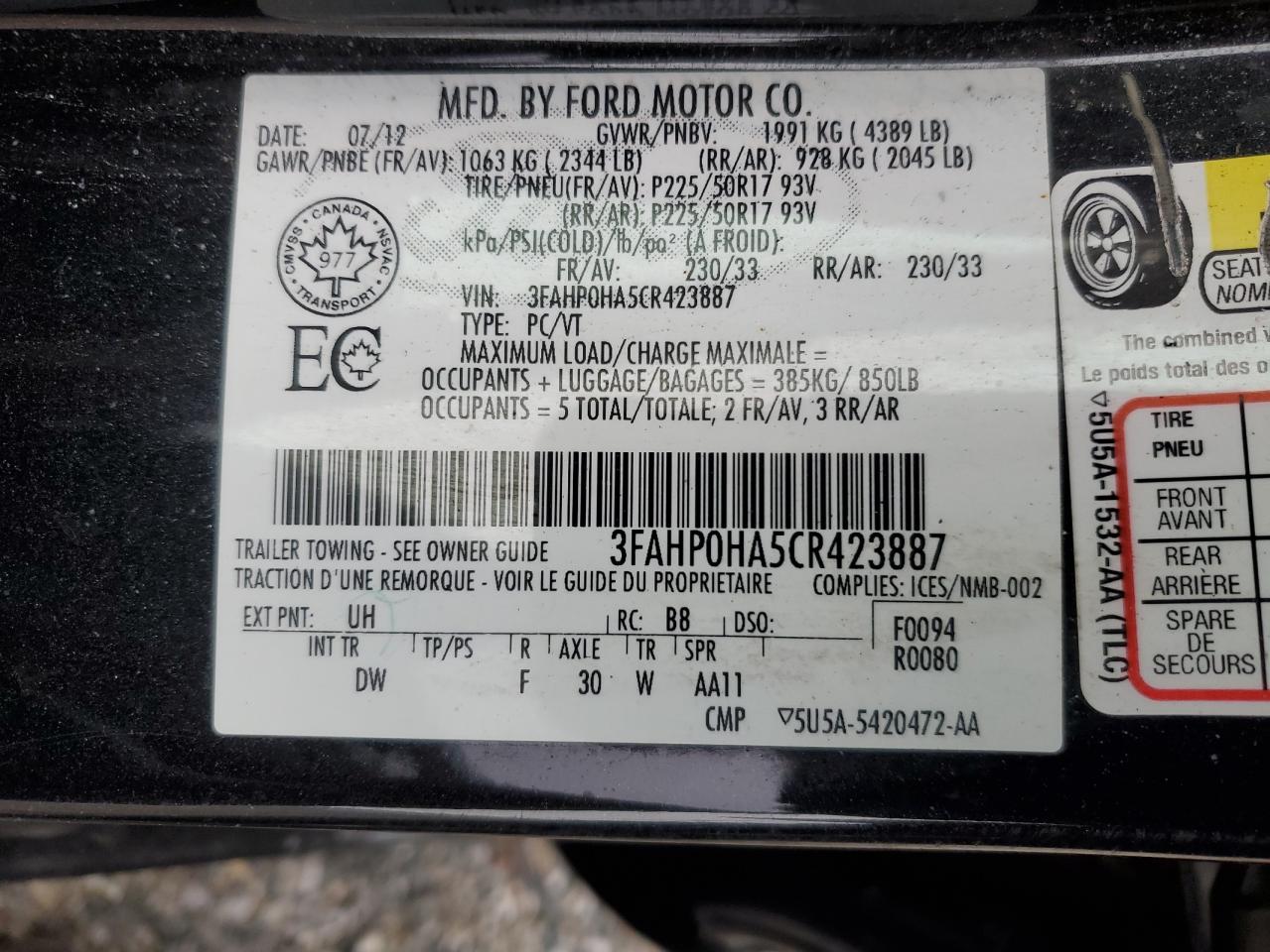 2012 Ford Fusion Se VIN: 3FAHP0HA5CR423887 Lot: 51218335
