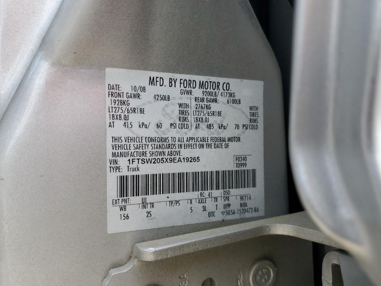 2009 Ford F250 Super Duty VIN: 1FTSW205X9EA19265 Lot: 52618425