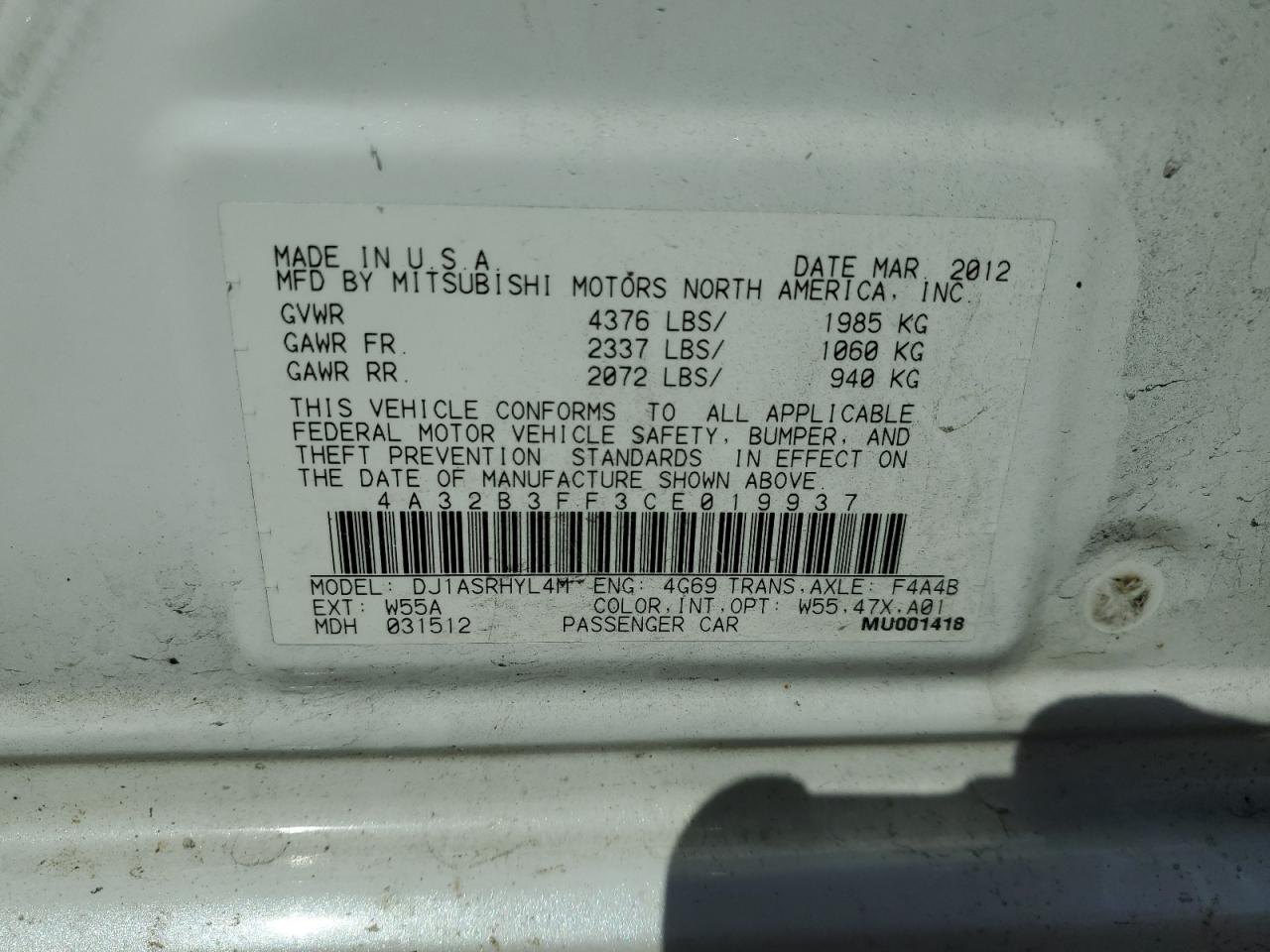 2012 Mitsubishi Galant Es VIN: 4A32B3FF3CE019937 Lot: 54884905
