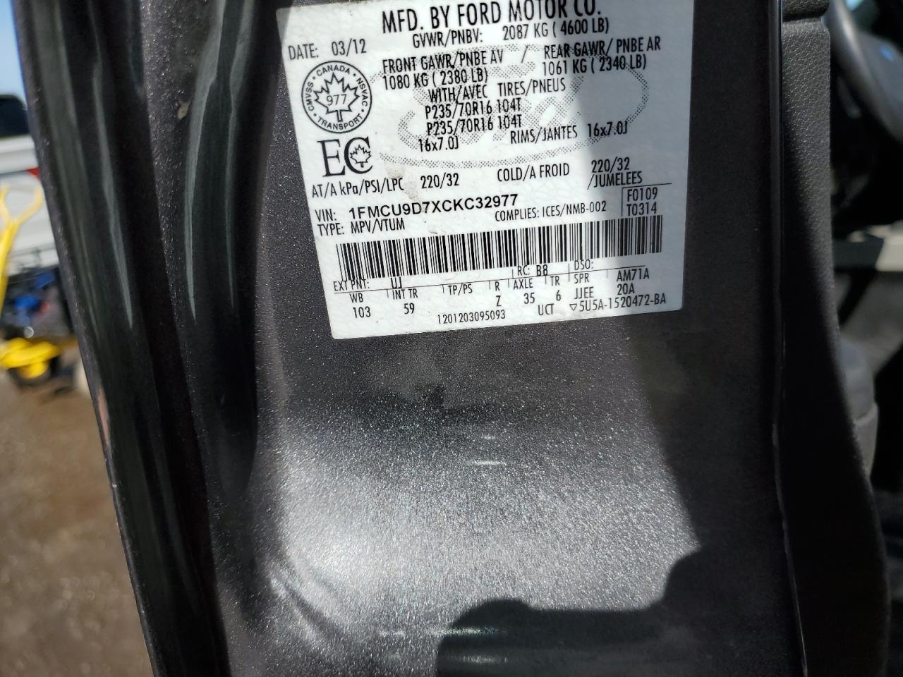 2012 Ford Escape Xlt VIN: 1FMCU9D7XCKC32977 Lot: 51589605