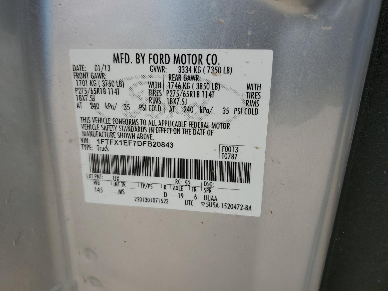 2013 Ford F150 Super Cab VIN: 1FTFX1EF7DFB20843 Lot: 54171905
