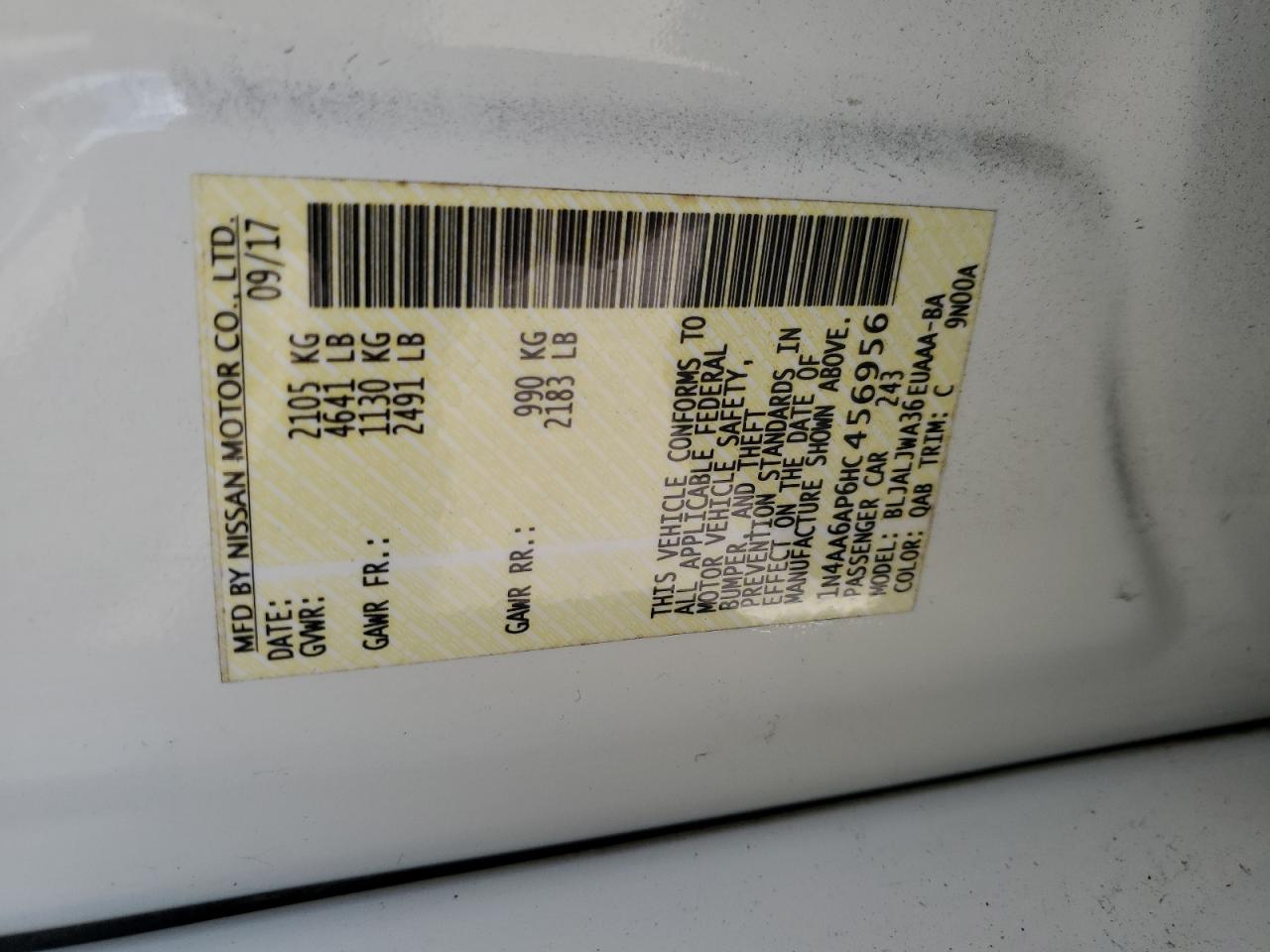 2017 Nissan Maxima 3.5S VIN: 1N4AA6AP6HC456956 Lot: 52678095