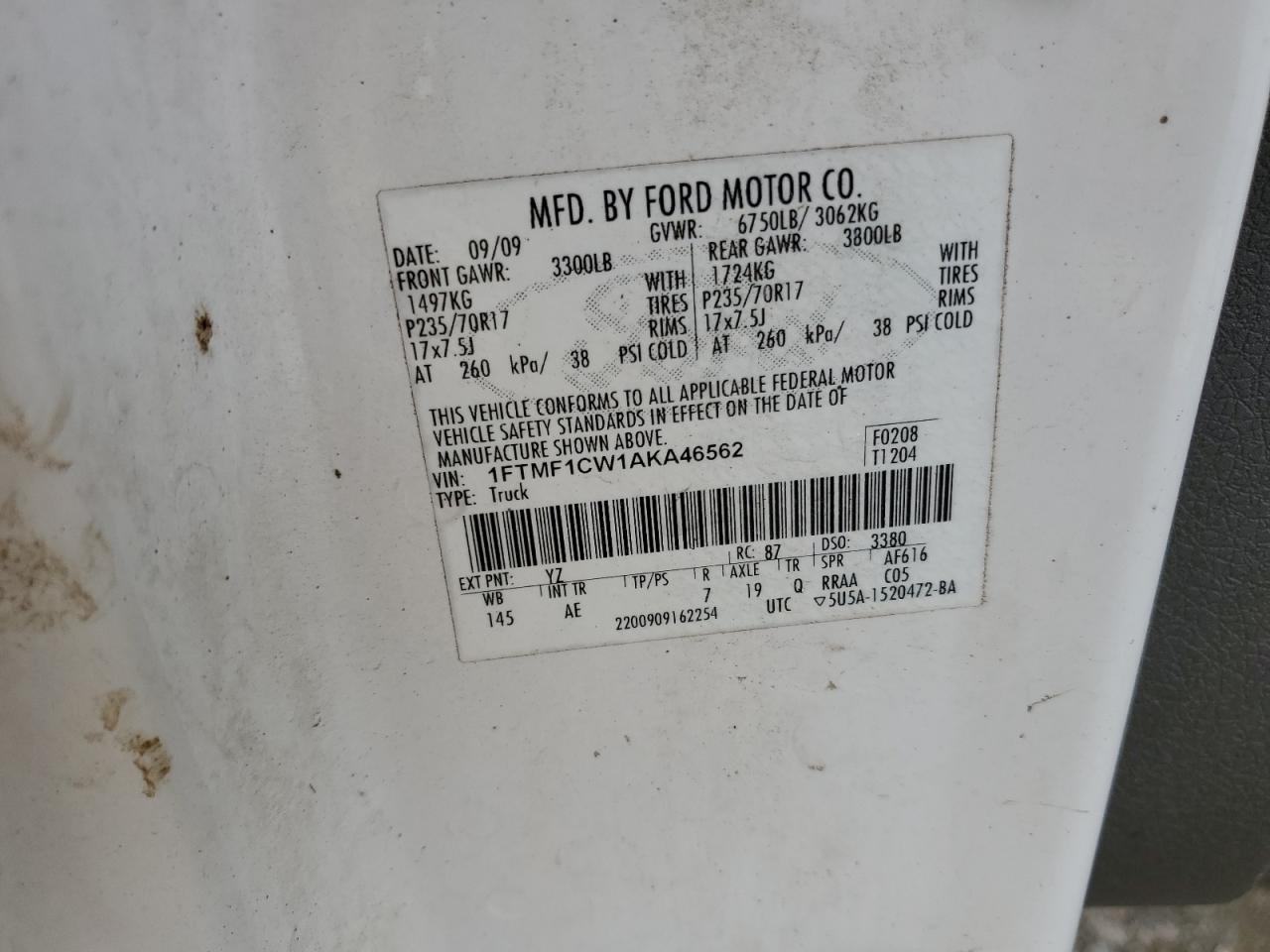 2010 Ford F150 VIN: 1FTMF1CW1AKA46562 Lot: 50896075