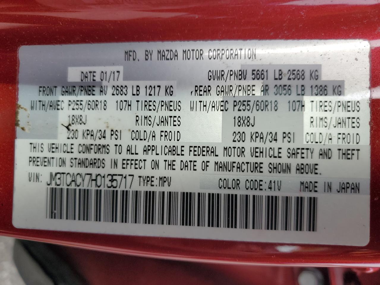2017 Mazda Cx-9 Touring VIN: JM3TCACY7H0135717 Lot: 53240875