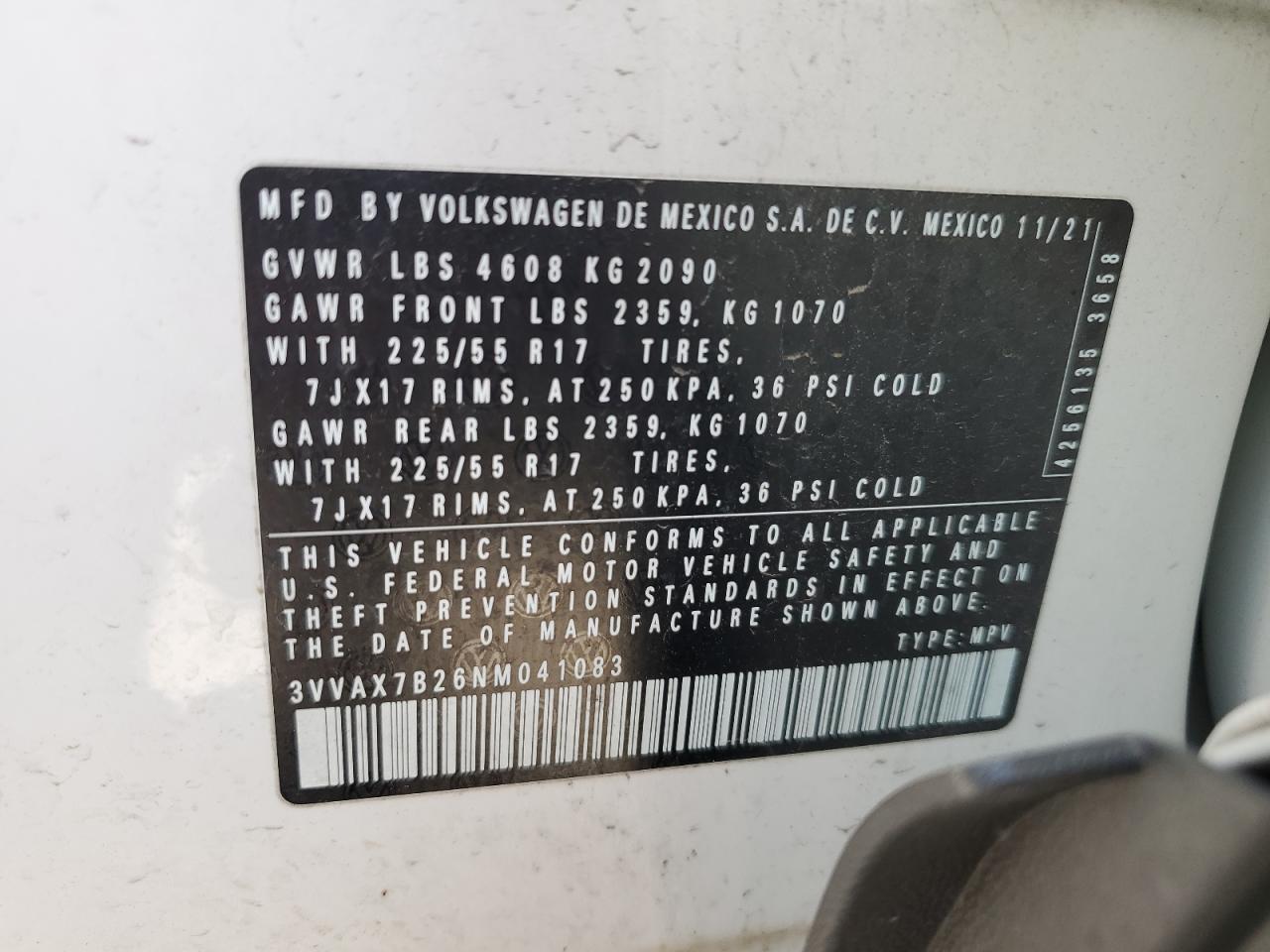 2022 Volkswagen Taos S VIN: 3VVAX7B26NM041083 Lot: 52490465