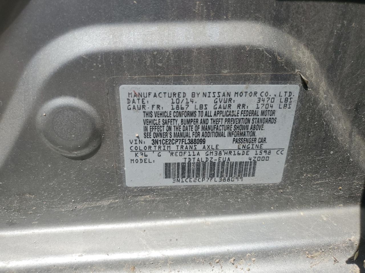 2015 Nissan Versa Note S VIN: 3N1CE2CP7FL388099 Lot: 53316485
