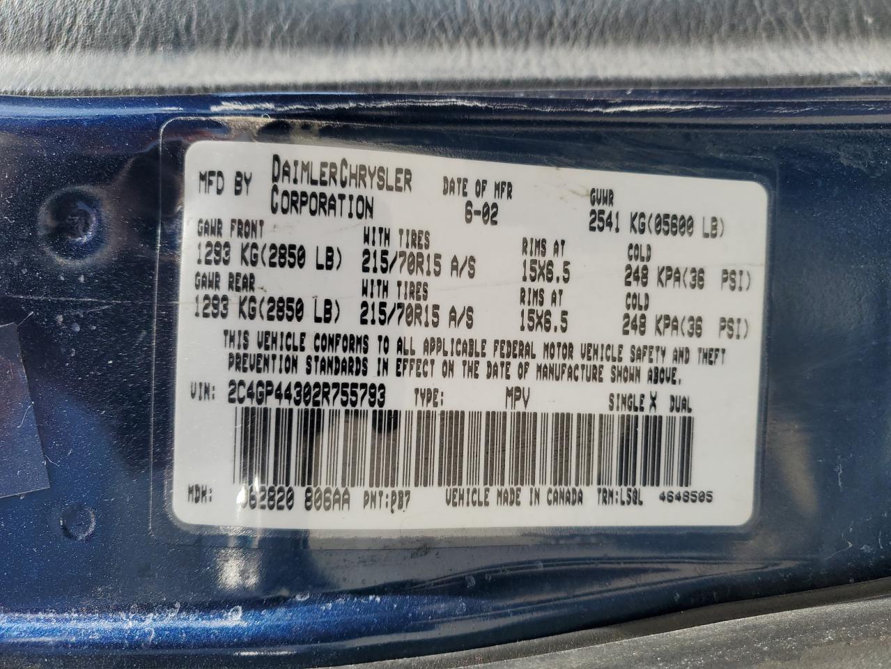 2002 Chrysler Town & Country Lx VIN: 2C4GP44302R755793 Lot: 51436005
