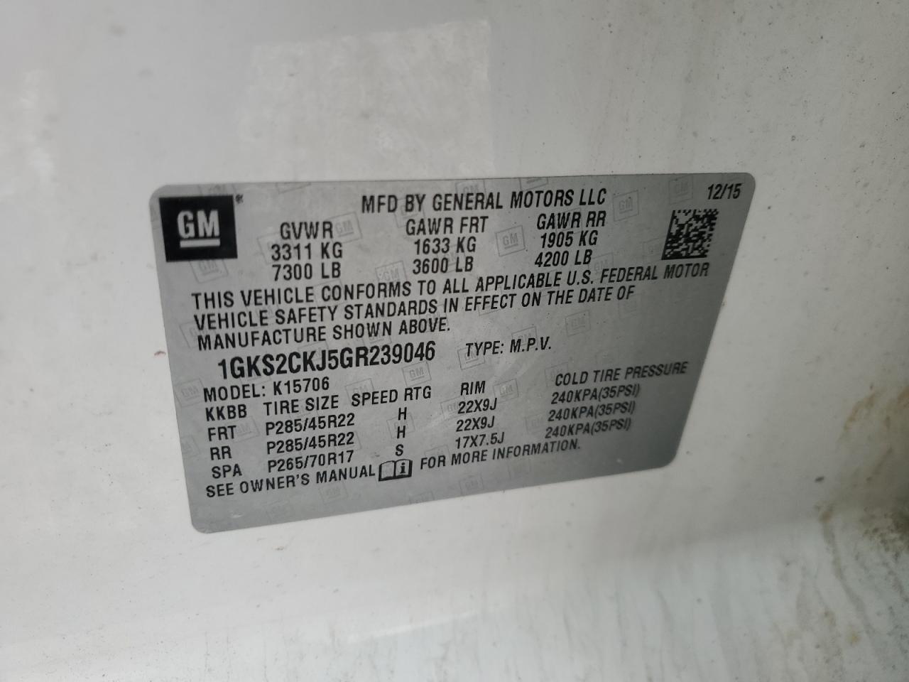 2016 GMC Yukon Denali VIN: 1GKS2CKJ5GR239046 Lot: 53084635