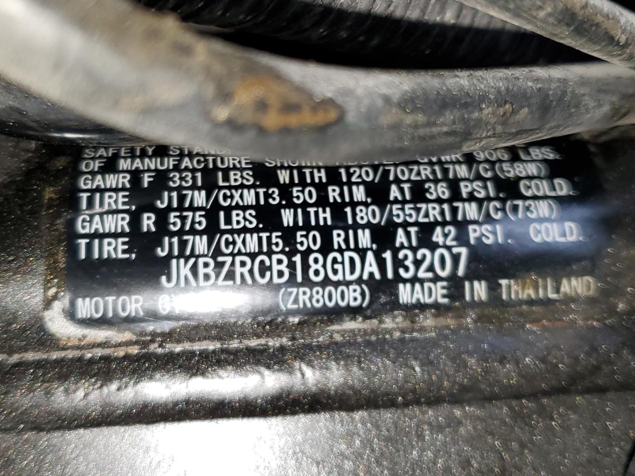 2016 Kawasaki Zr800 B VIN: JKBZRCB18GDA13207 Lot: 54925125