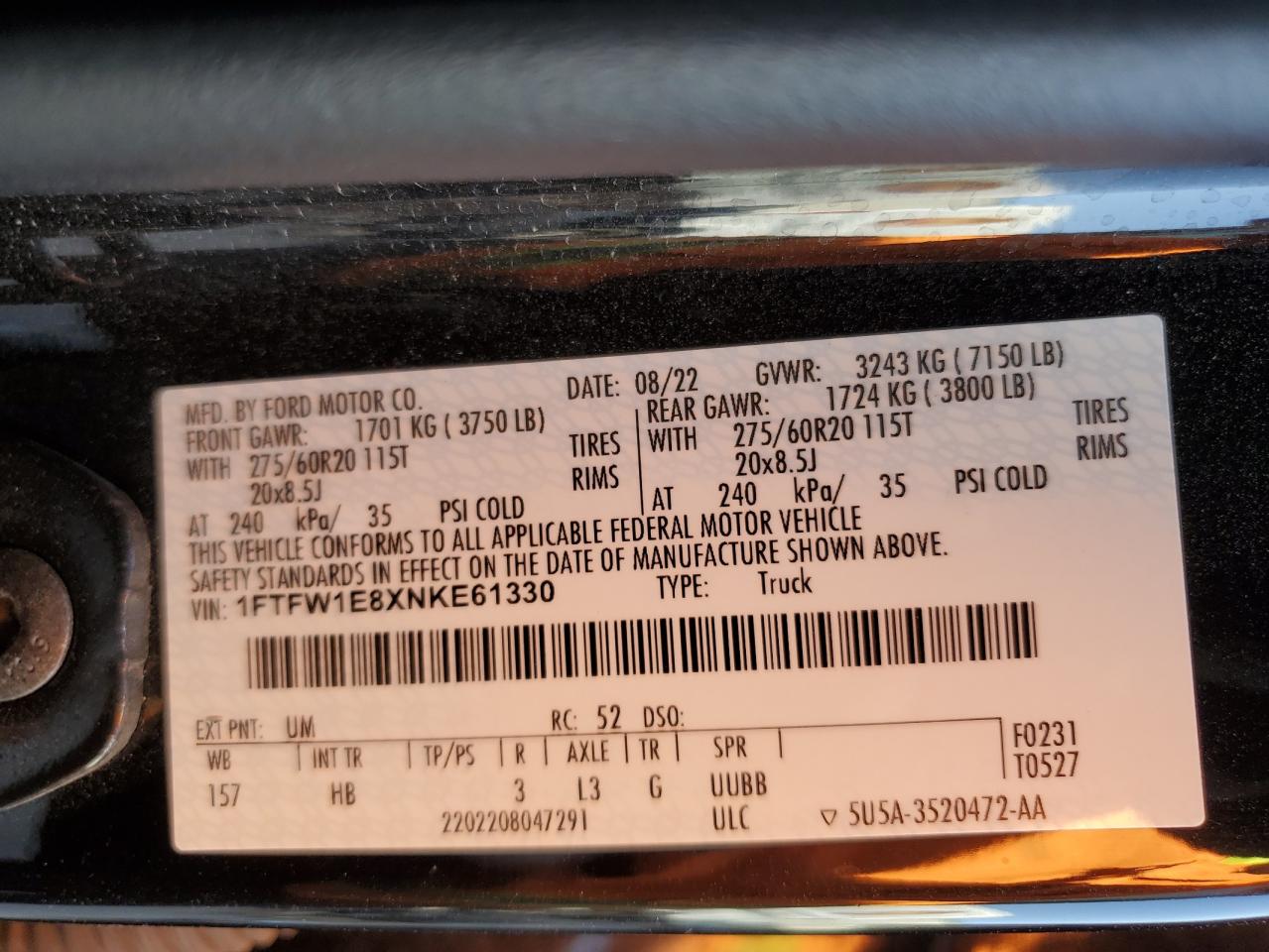 2022 Ford F150 Supercrew VIN: 1FTFW1E8XNKE61330 Lot: 52597235