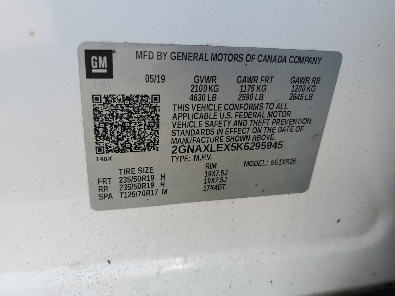 2019 Chevrolet Equinox Lt VIN: 2GNAXLEX5K6295945 Lot: 53998125