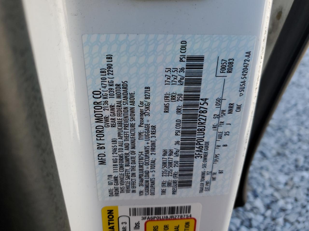 2018 Ford Fusion Se Hybrid VIN: 3FA6P0LU8JR278754 Lot: 54028405