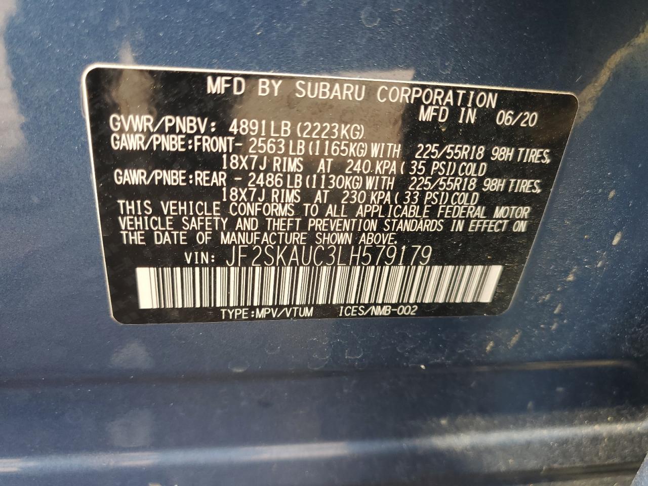 2020 Subaru Forester Limited VIN: JF2SKAUC3LH579179 Lot: 54004275