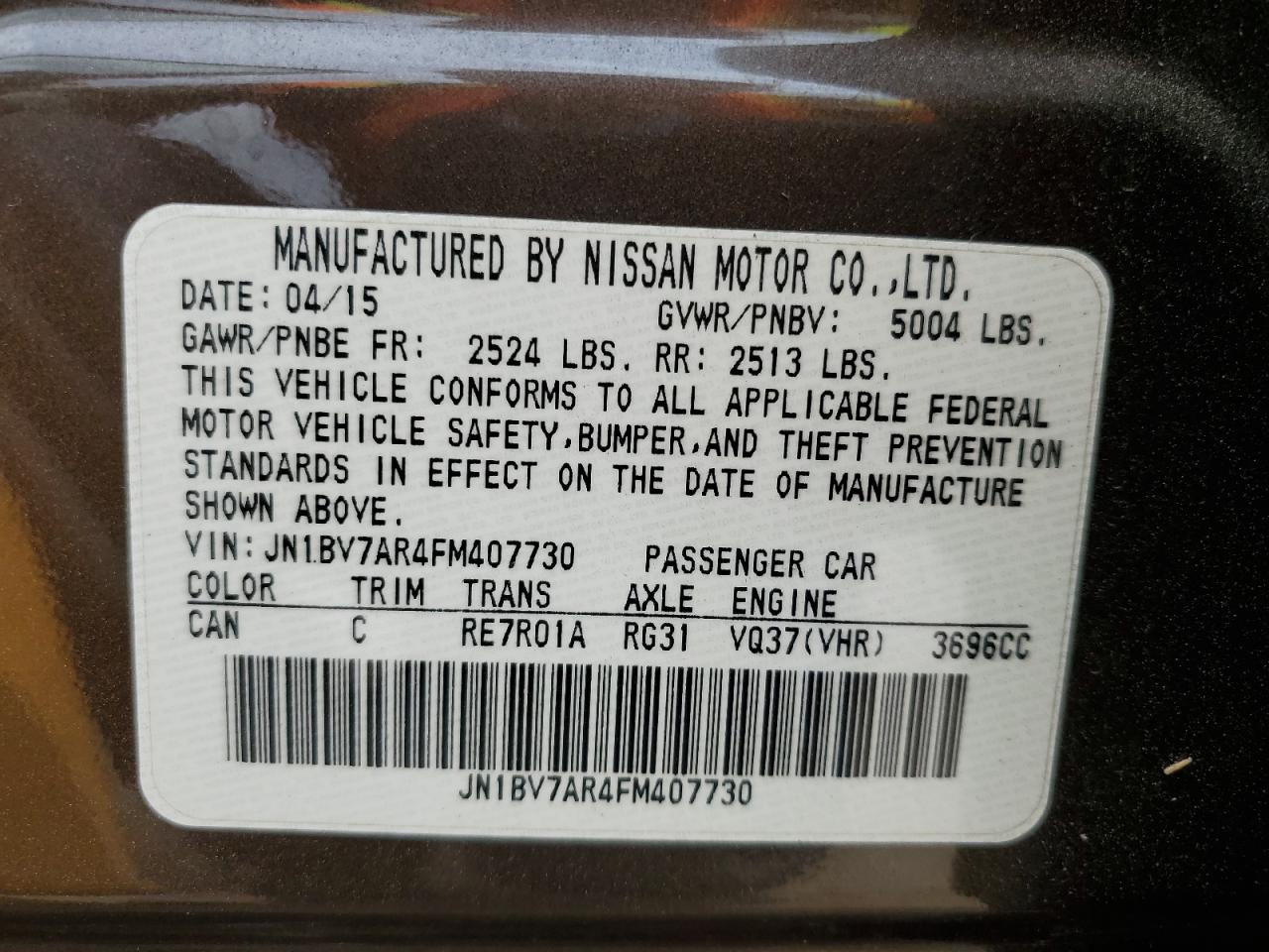 2015 Infiniti Q50 Base VIN: JN1BV7AR4FM407730 Lot: 53405565
