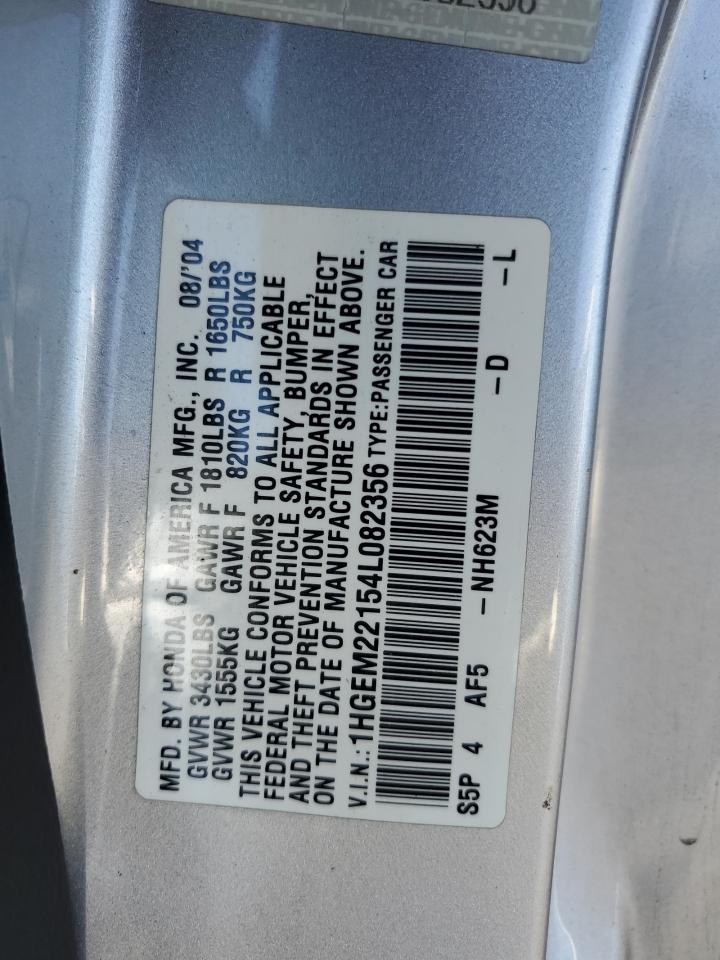 2004 Honda Civic Dx Vp VIN: 1HGEM22154L082356 Lot: 54073815