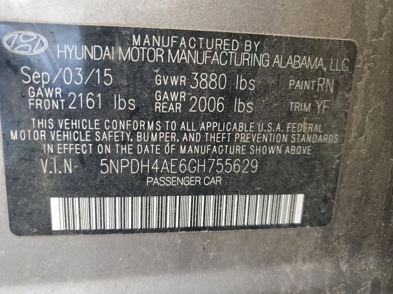 2016 Hyundai Elantra Se VIN: 5NPDH4AE6GH755629 Lot: 53194855