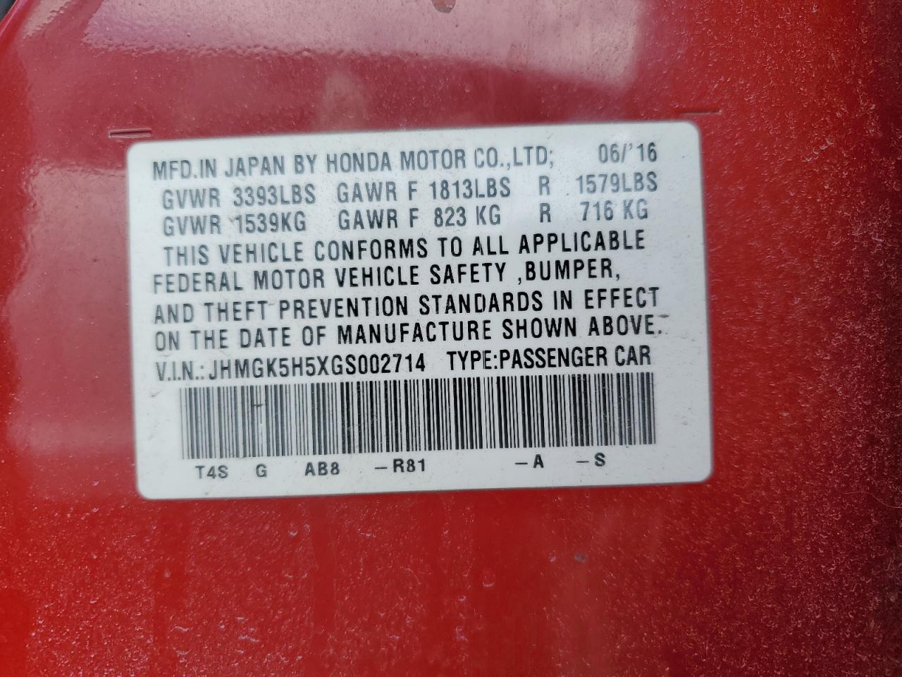 2016 Honda Fit Lx VIN: JHMGK5H5XGS002714 Lot: 52026575