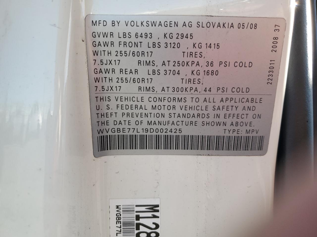 2009 Volkswagen Touareg 2 V6 VIN: WVGBE77L19D002425 Lot: 53116045