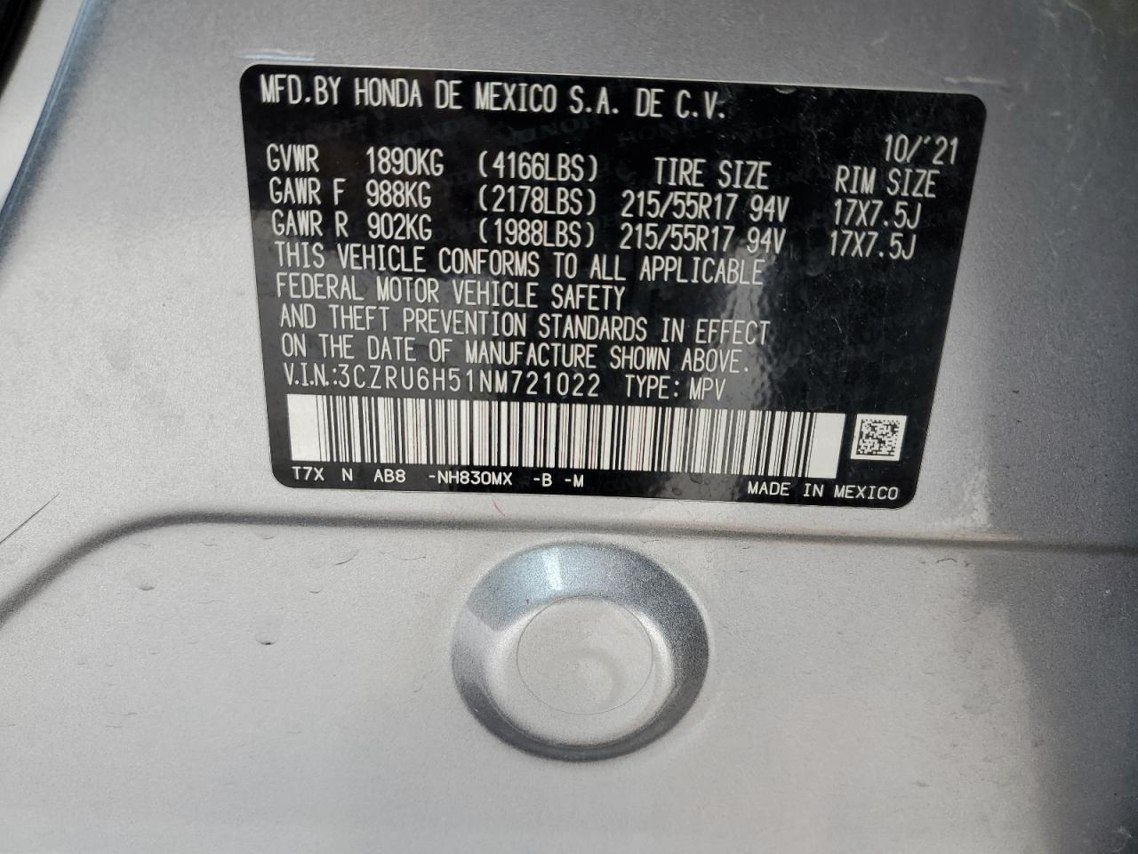 2022 Honda Hr-V Ex VIN: 3CZRU6H51NM721022 Lot: 53429415
