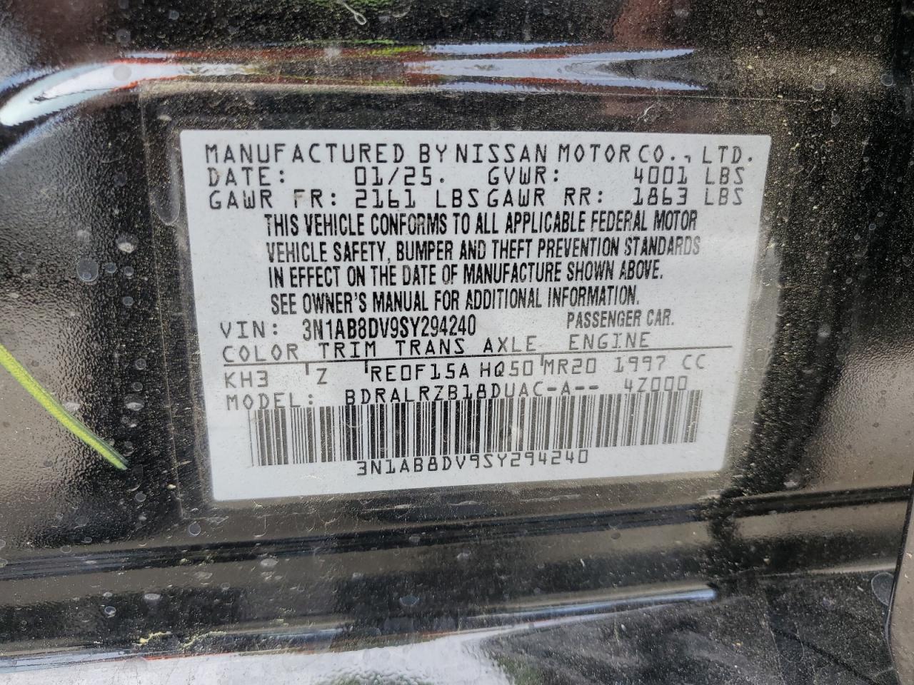 2025 Nissan Sentra Sr VIN: 3N1AB8DV9SY294240 Lot: 54434365