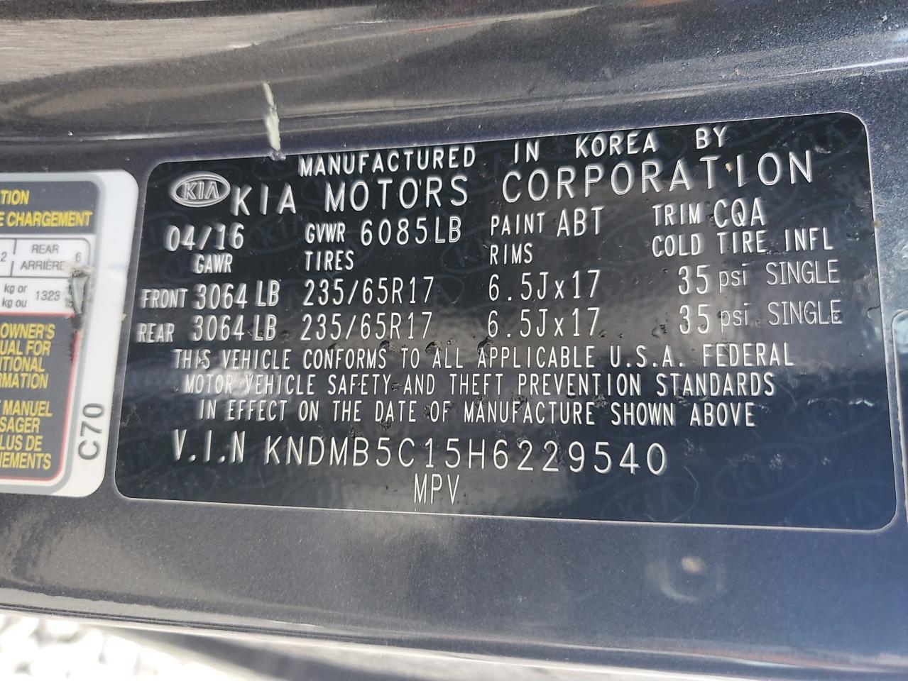 2017 Kia Sedona Lx VIN: KNDMB5C15H6229540 Lot: 54270515