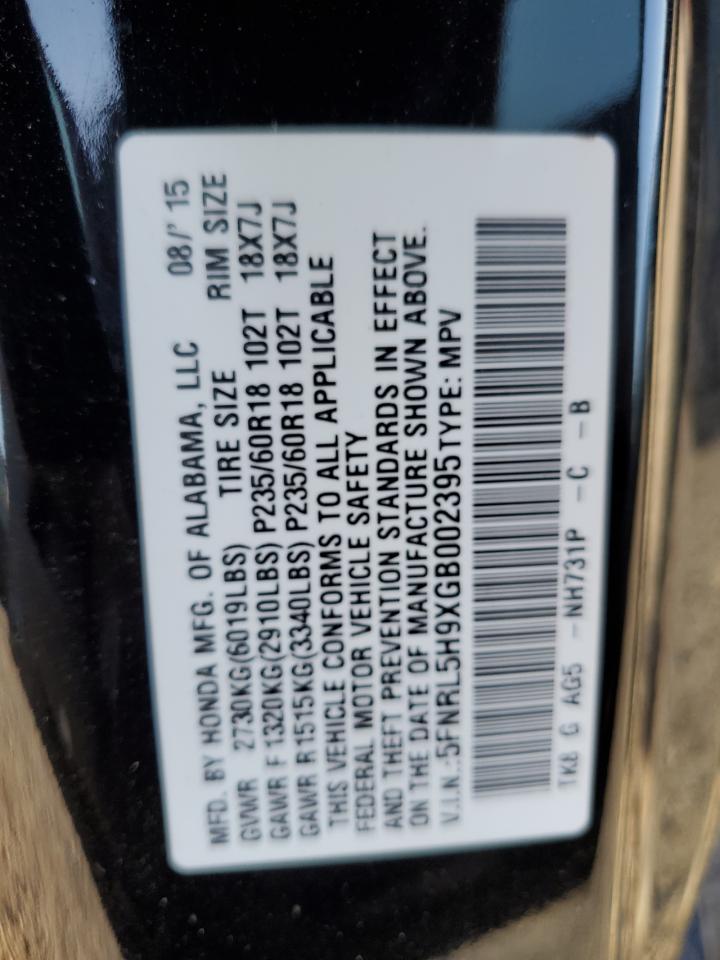 2016 Honda Odyssey Touring VIN: 5FNRL5H9XGB002395 Lot: 51706415