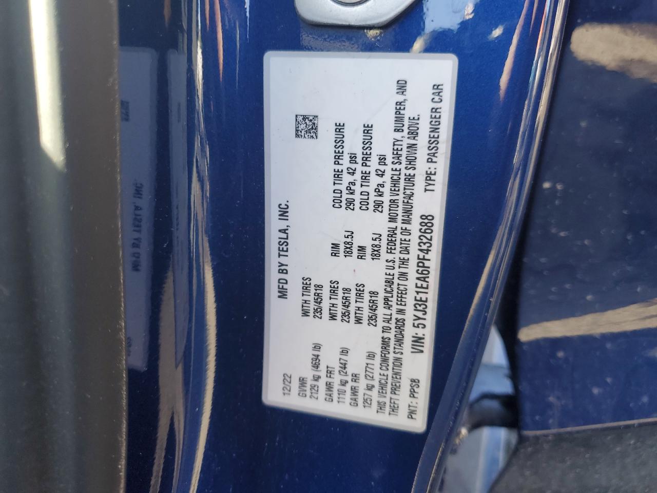 2023 Tesla Model 3 VIN: 5YJ3E1EA6PF432688 Lot: 51373995