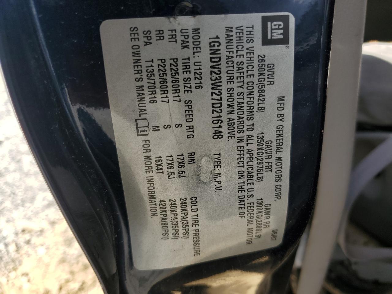 2007 Chevrolet Uplander Ls VIN: 1GNDV23W27D216148 Lot: 52876455