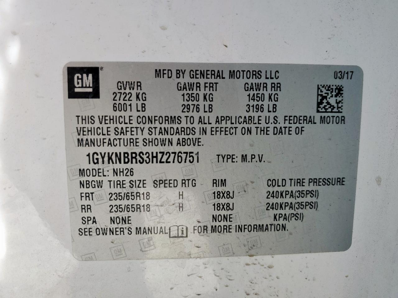 2017 Cadillac Xt5 Luxury VIN: 1GYKNBRS3HZ276751 Lot: 51710355