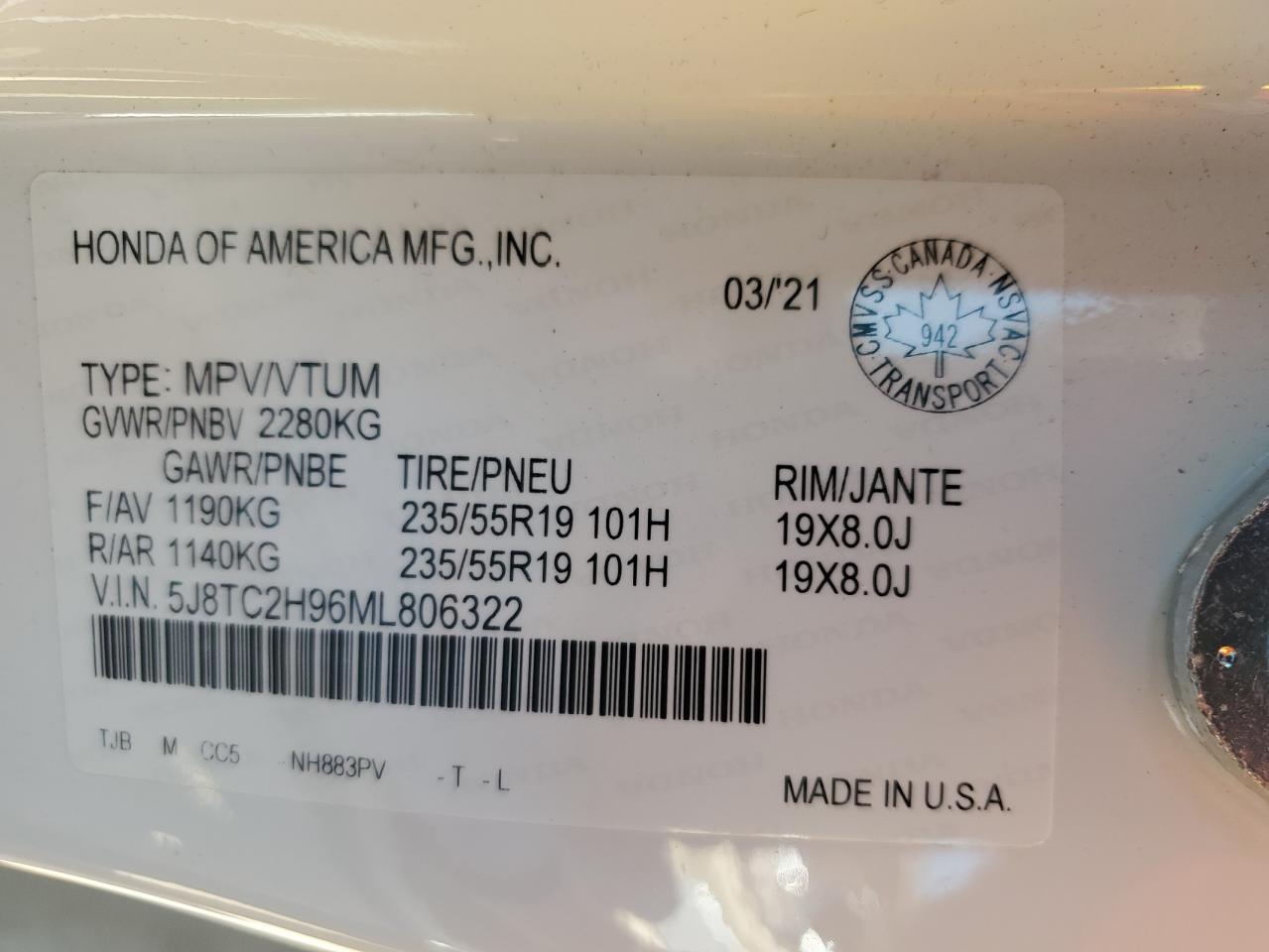 2021 Acura Rdx Platinum Elite VIN: 5J8TC2H96ML806322 Lot: 53370965