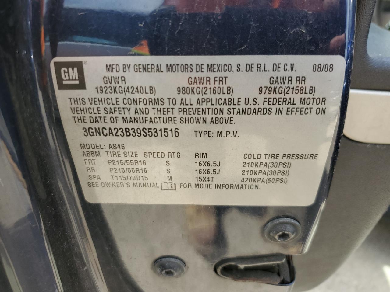 2009 Chevrolet Hhr Lt VIN: 3GNCA23B39S531516 Lot: 54084105