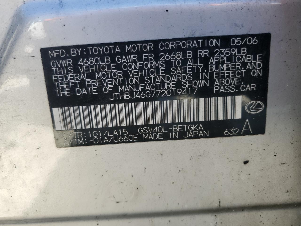 2007 Lexus Es 350 VIN: JTHBJ46G772019417 Lot: 51256405